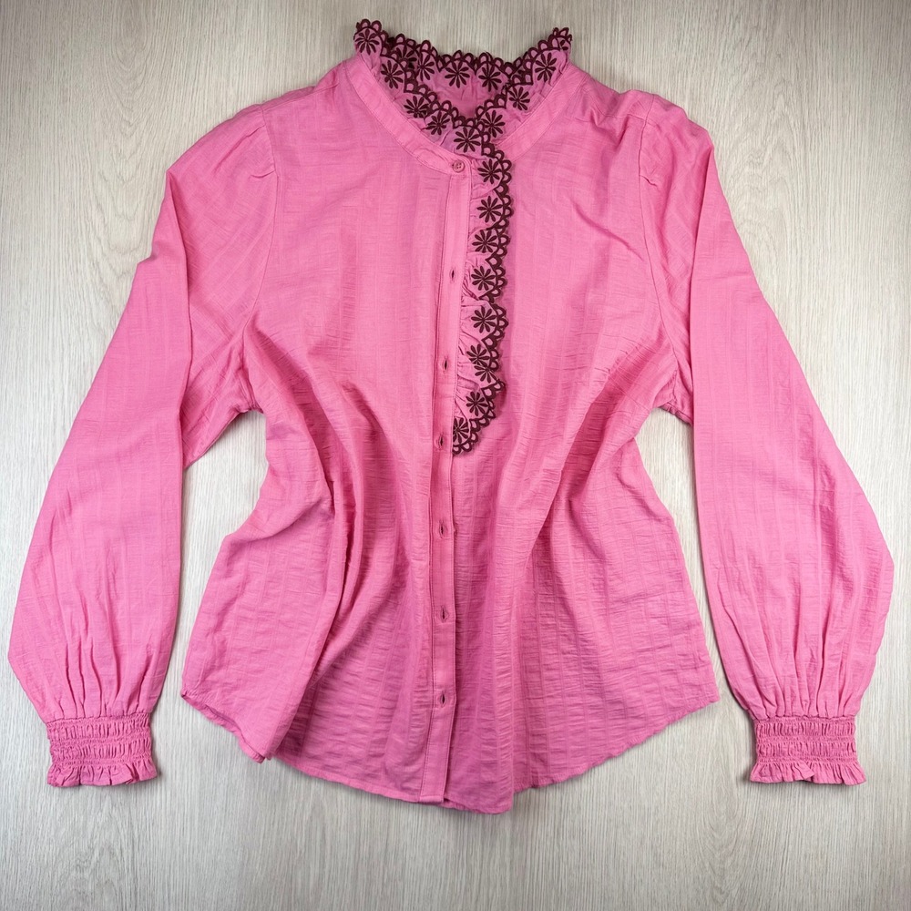 Talbots Pink Cotton Embroidered Eyelet Collar Blouse XL Long Sleeve Smocked Cuff